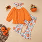 Ovmxqso Toddler Baby Girl Halloween Outfits Kid Girl Long Sleeve Shirt Top Pumpkin Bell Bottom Flared Pants Set Fall Clothes 1-5