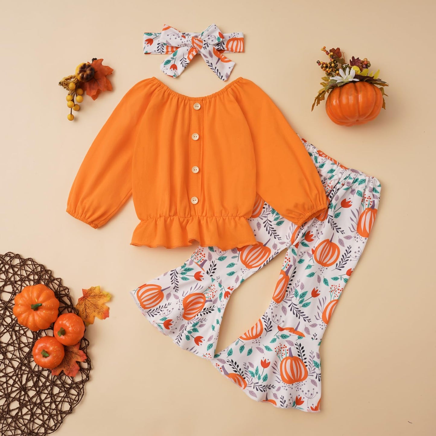 Ovmxqso Toddler Baby Girl Halloween Outfits Kid Girl Long Sleeve Shirt Top Pumpkin Bell Bottom Flared Pants Set Fall Clothes 1-5