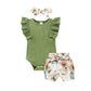 Tiny Cutey Baby Girl Clothes Infant Summer Outfits Set Ruffle Sleeve Romper And Floral Shorts With Headband (Sleeveless Green, 1