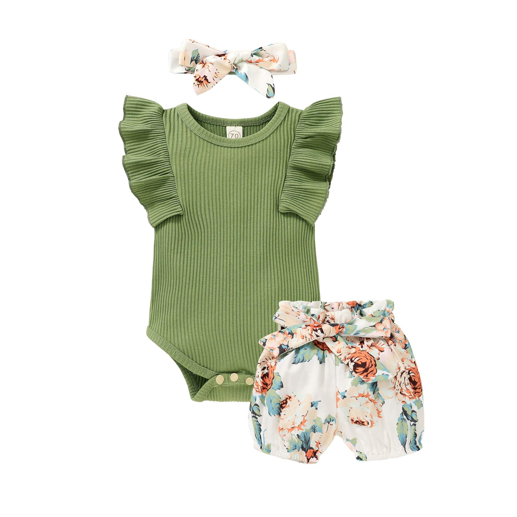 Tiny Cutey Baby Girl Clothes Infant Summer Outfits Set Ruffle Sleeve Romper And Floral Shorts With Headband (Sleeveless Green, 1