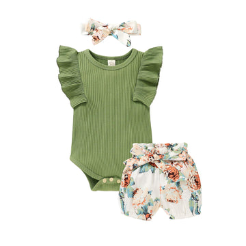 Tiny Cutey Baby Girl Clothes Infant Summer Outfits Set Ruffle Sleeve Romper And Floral Shorts With Headband (Sleeveless Green, 1