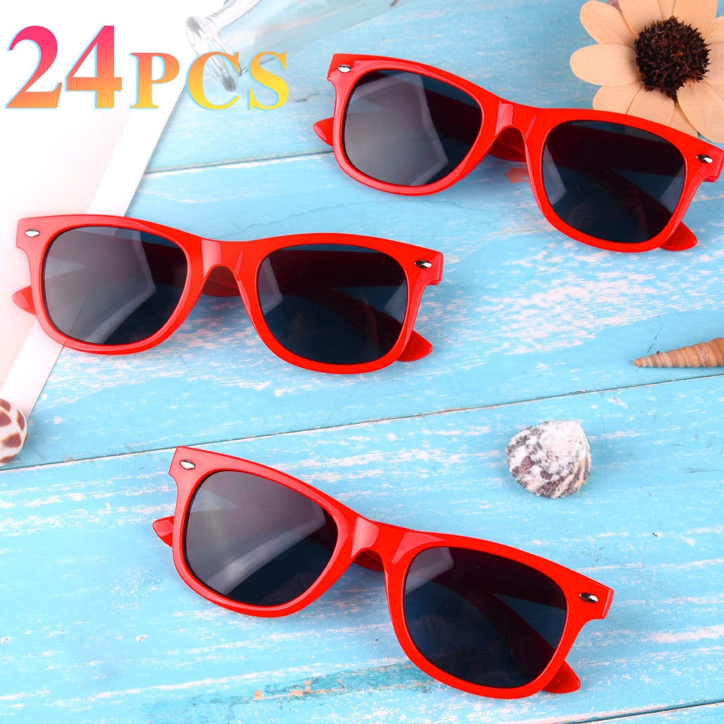 MIAHART 24 Pack Kids Sunglasses Party Glasses Bulk Goody Bag Fillers for Boys and Girls Birthday Party Summer Party Supplies, Re
