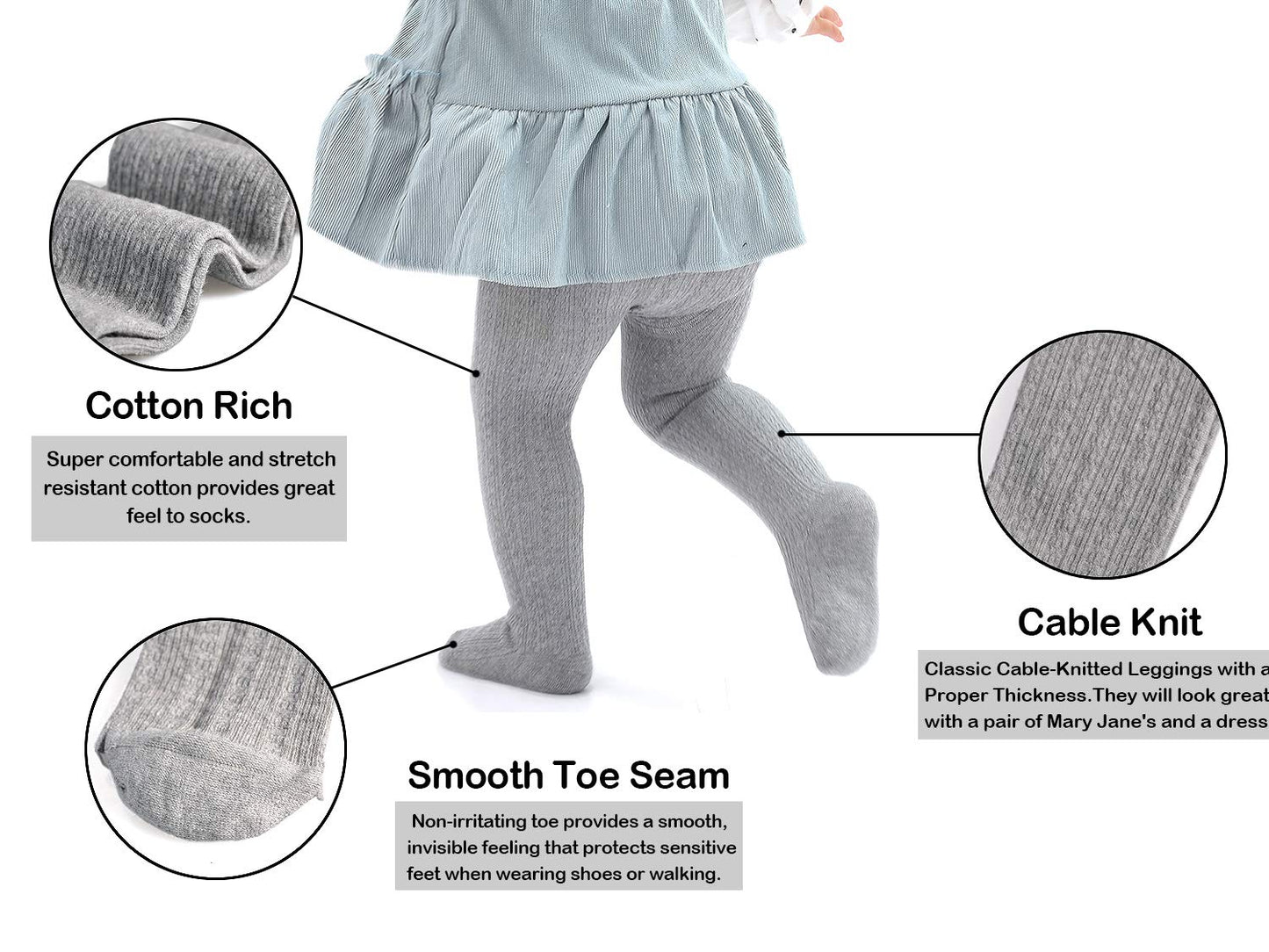 Epeius Infants Baby Girls Seamless Cable Knit Solid Cotton Tights For 6-12 Months,White/Black/Grey (Pack Of 3)