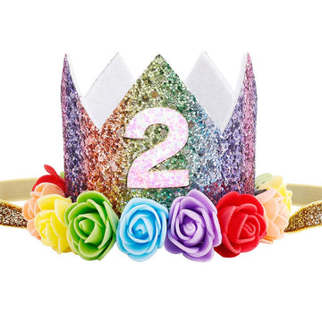 Maticr Baby Girl Glitter 1 2 3 First Birthday Rainbow Flower Crown Hat Floral Tiara Headband For Photo Prop (Number 2)