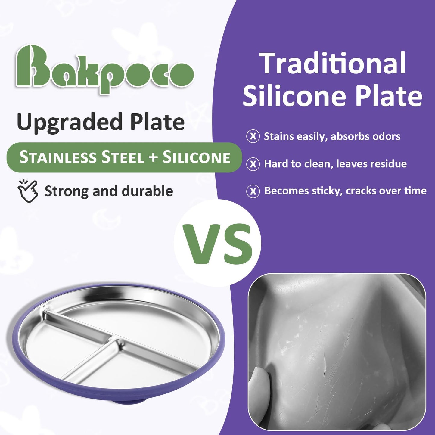 Bakpoco Stainless Steel Toddler Plate With Suction, 9    Divided Plates With Removable Silicone Sleeves For Baby, Non Toxic & Bp