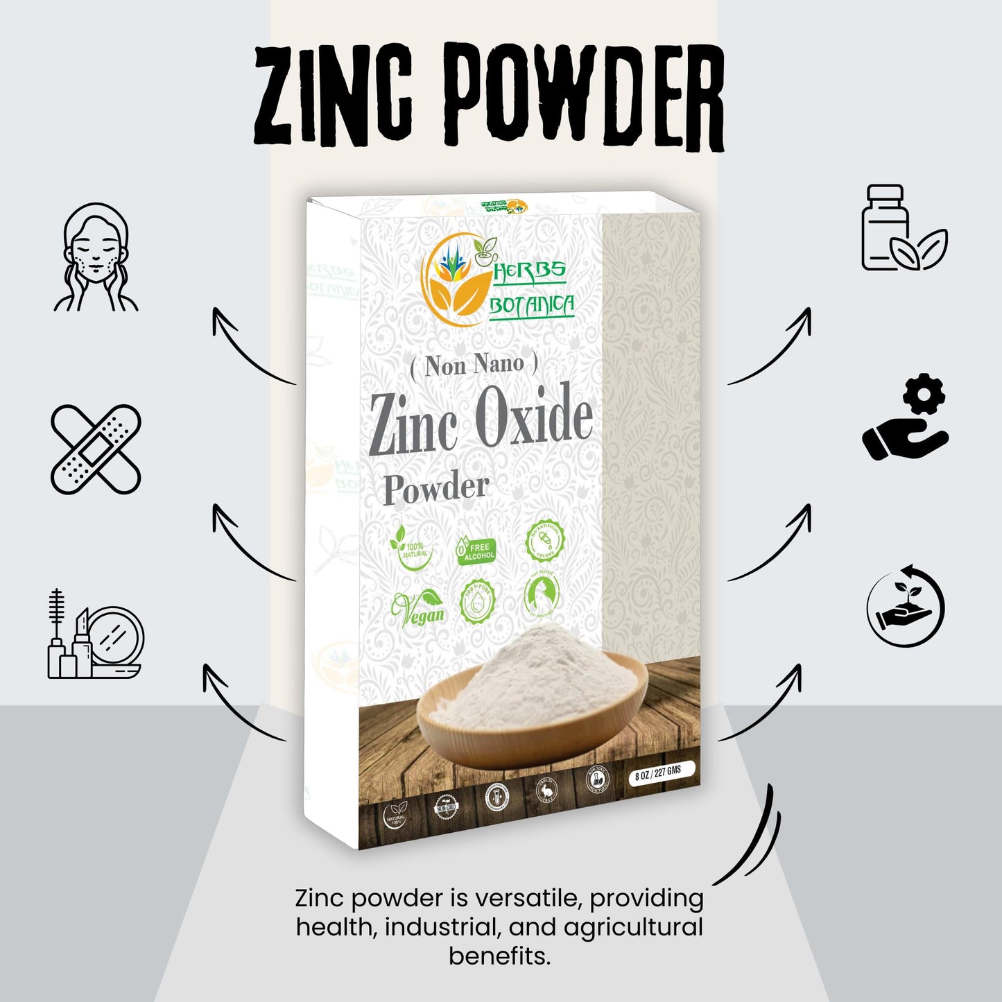 Herbs Botanica Zinc Oxide Powder Non-Nano, Pharmaceutical Grade For Skin Protection, Healing, Baby Diaper Rash Cream, Sunscreen,