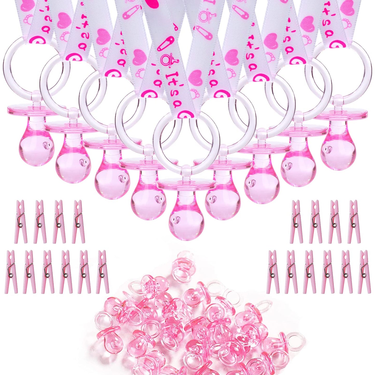 Zyflsq 144 Pieces Baby Shower Decorations Sets, 48 Baby Shower Pacifiers Necklace, 48 Mini Acrylic Pacifiers Charm And 48 Clothe