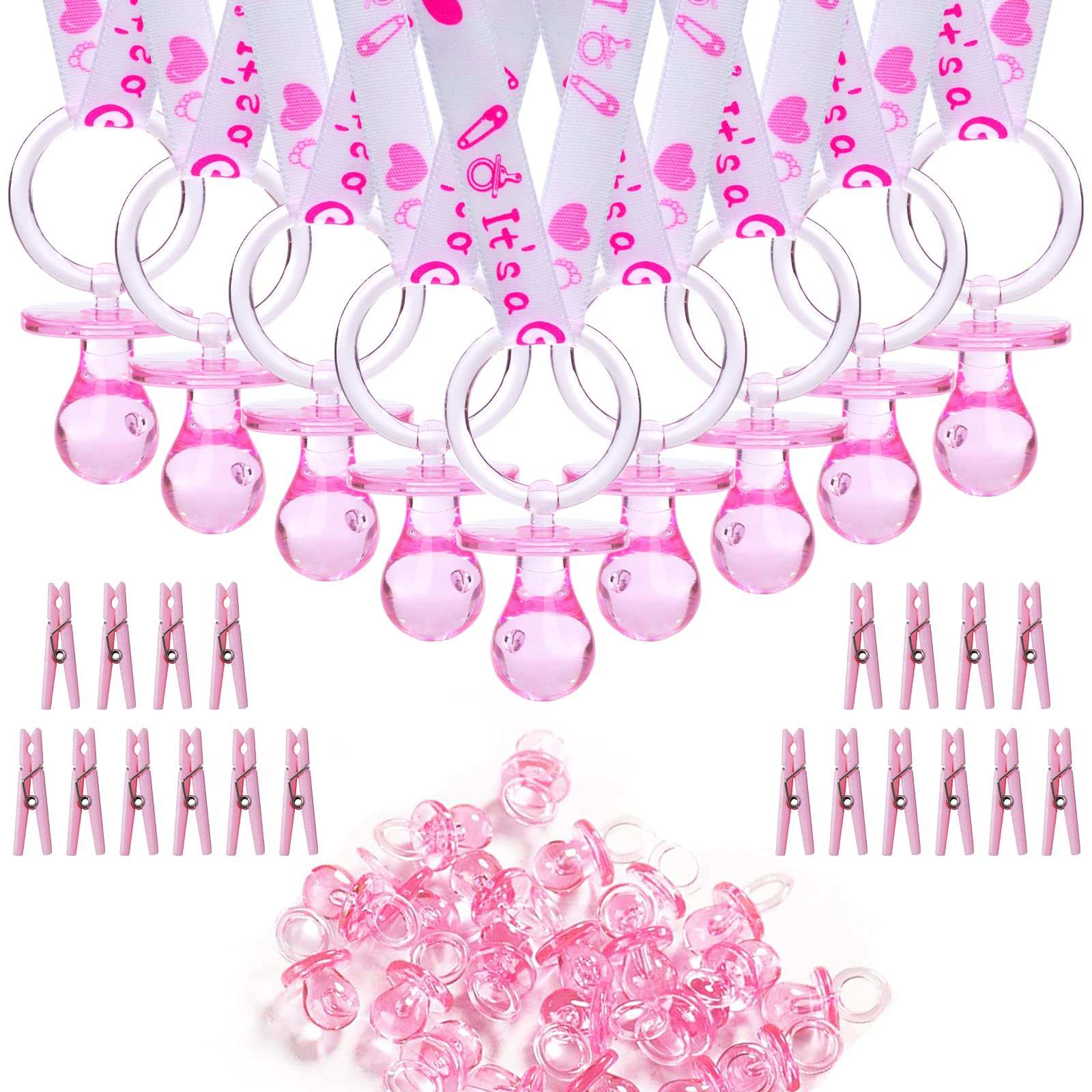 Zyflsq 144 Pieces Baby Shower Decorations Sets, 48 Baby Shower Pacifiers Necklace, 48 Mini Acrylic Pacifiers Charm And 48 Clothe