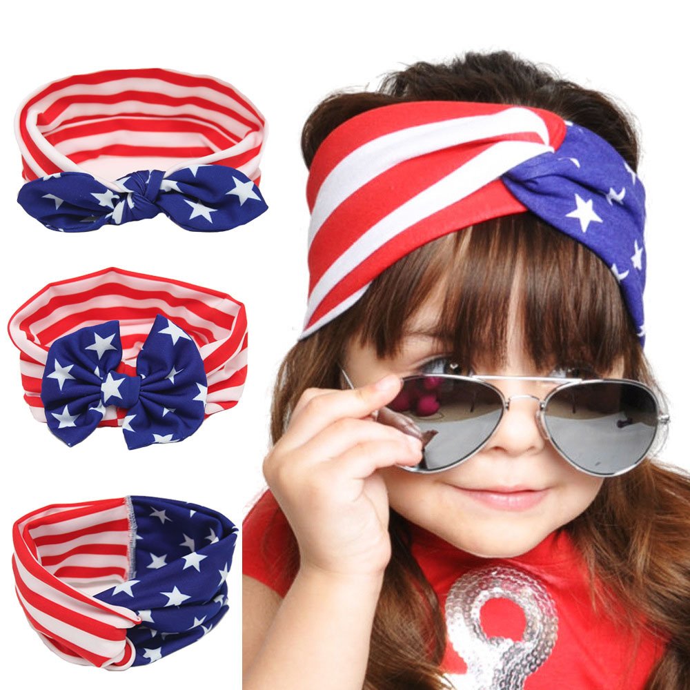 Baby Girl Elastic Headbands Turban Knot Bow Knot Rabbit Ears Bow Headwraps Ja36 Red,White&Blue (1#)