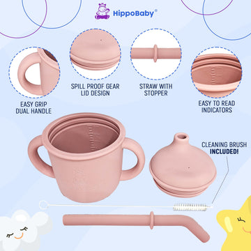 Hippobaby Silicone Transition Sippy Cup For 6+ Month Old | Includes 1 Toddler Straw Cup & 1 Sippy Cup With Handles 5 Oz| Baby Si