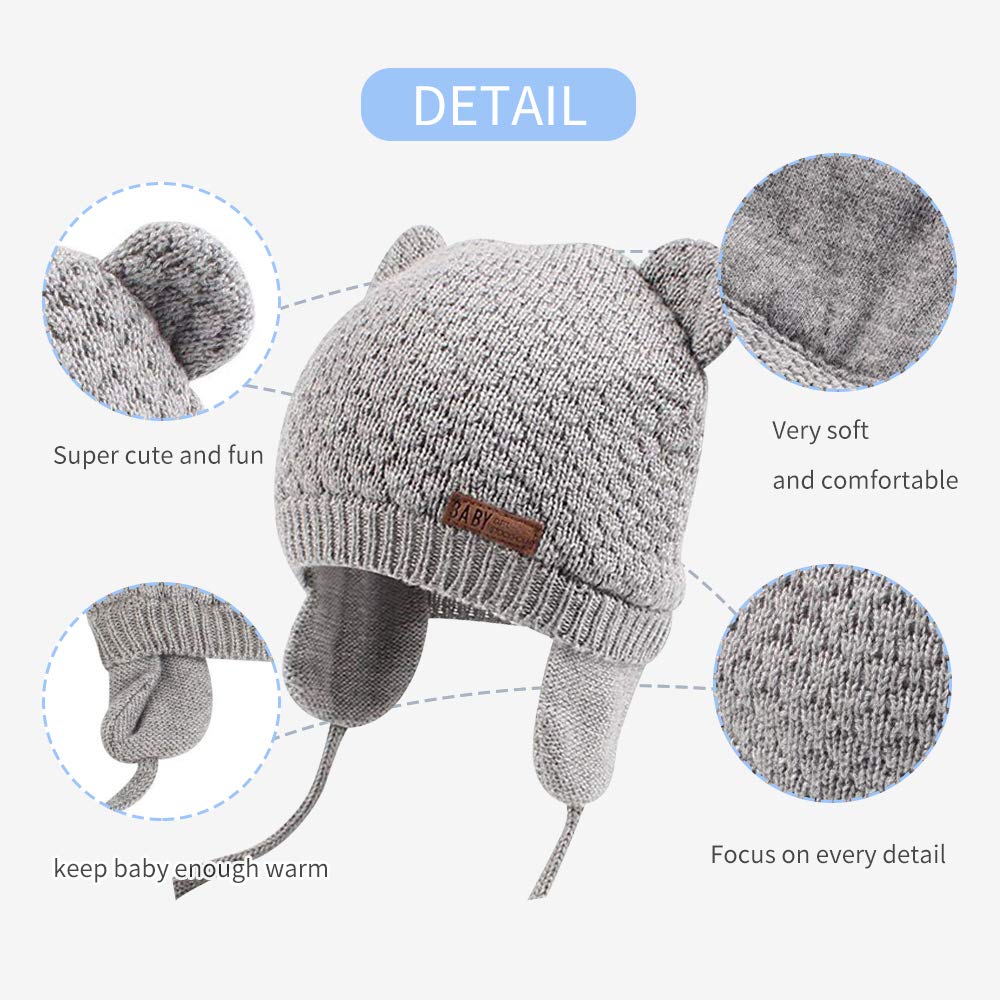 Bavst Baby Beanie Hat For Winter With Earfalp Cute Bear Kids Toddler Girls Boys Warm Knit Cap 0-2Years(Grey, L)