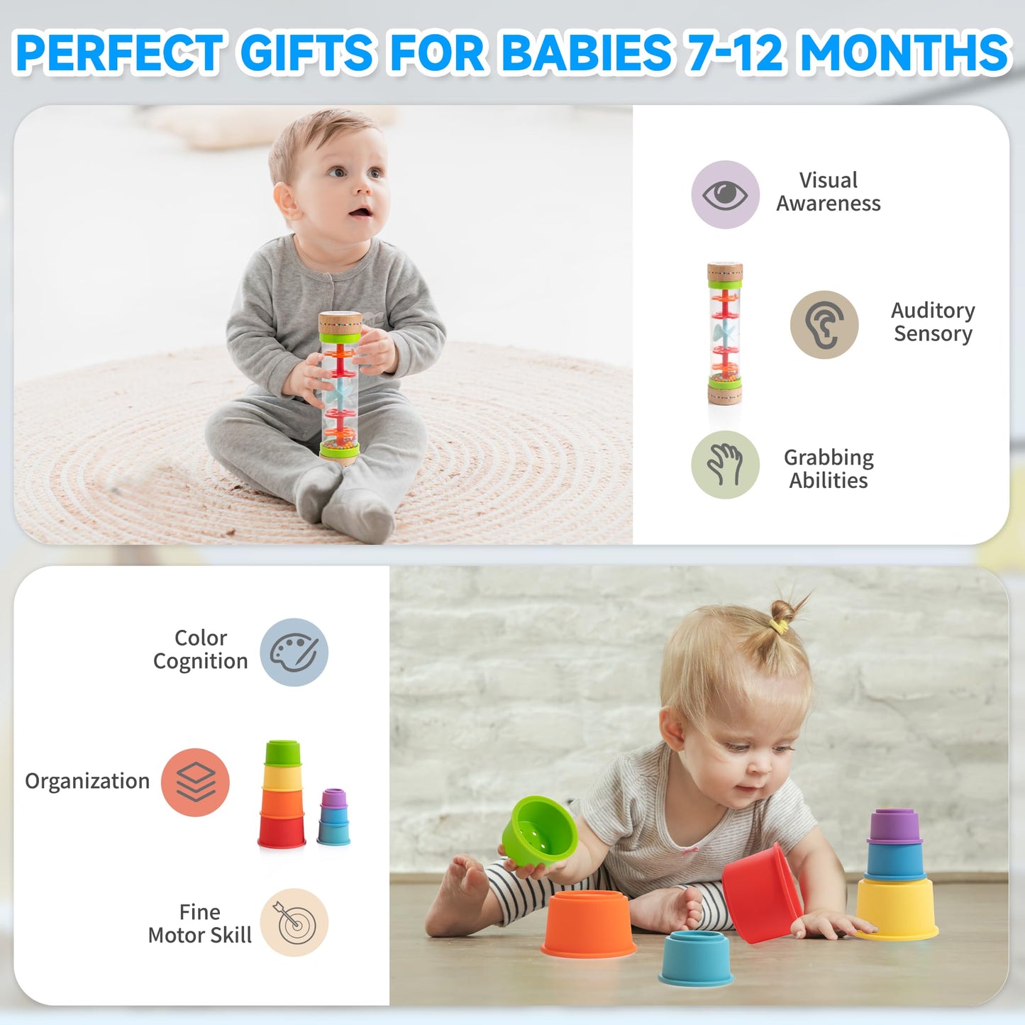 WOODMAM Montessori Toys for Babies 6-12 Months, 9 in 1 Educational Wooden Toys Set, Includes Object Permanent Box, Stacking Cups
