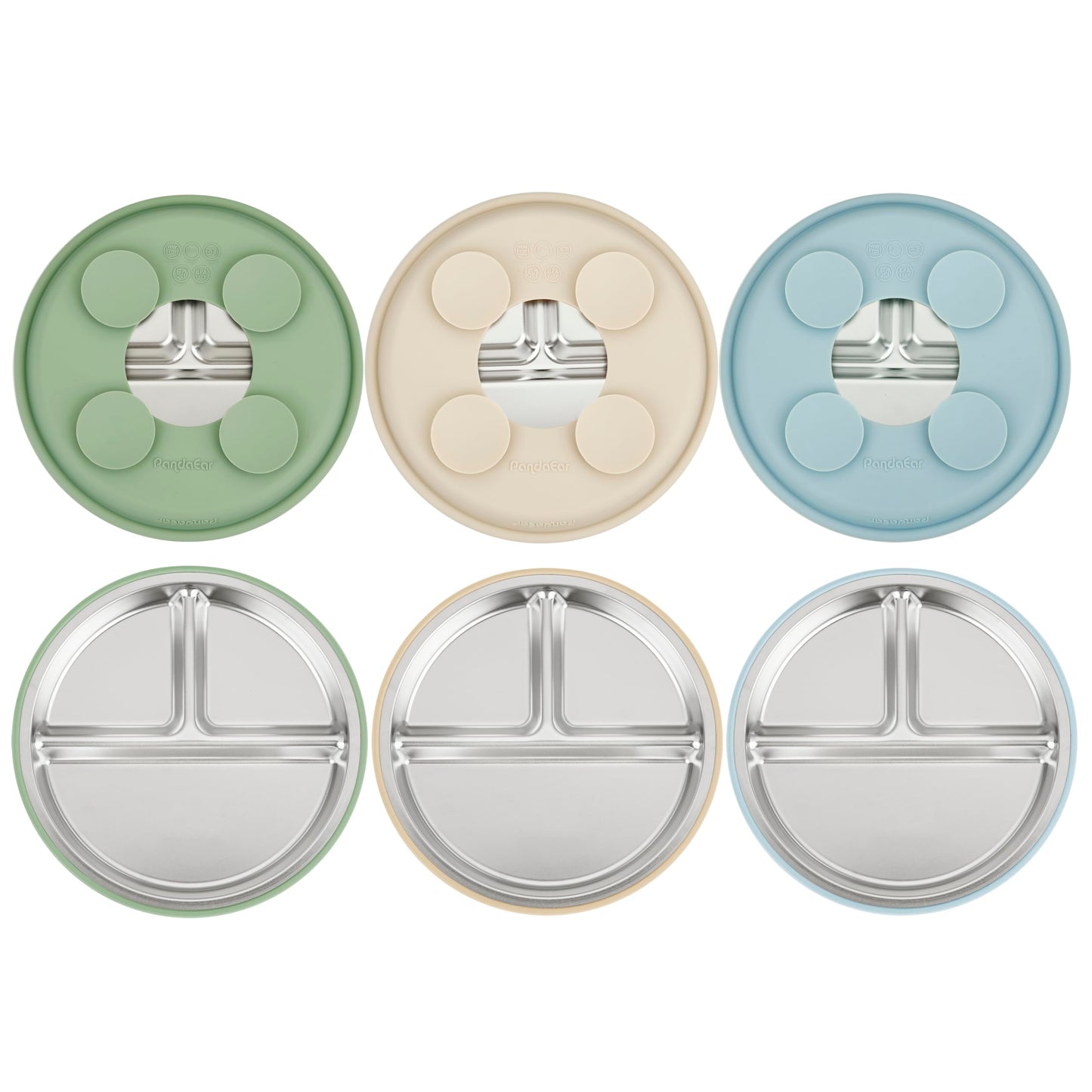 PandaEar 3 Pack Stainless Steel Baby Suction Plates, Divided Toddler Plate for Baby Led Weaning Supplies, Non-Slip Toddler Baby 