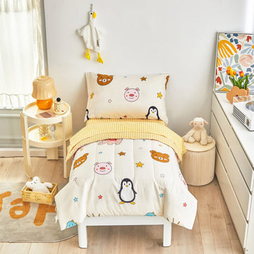 Flysheep 4 Piece Colorful Beige Toddler Bedding Set Happy Animals Printed For Baby Boys And Girls - Includes Quilted Comforter,