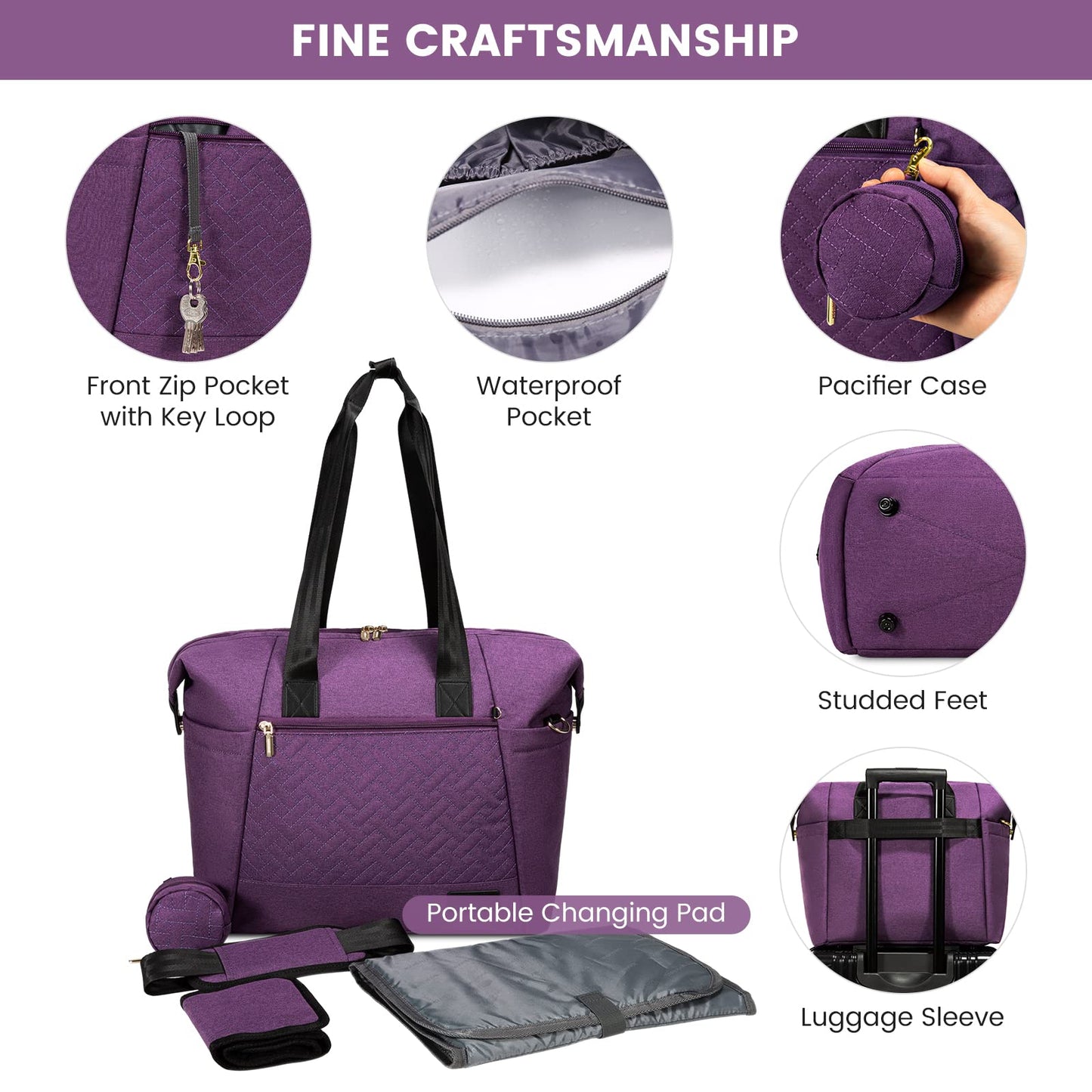 Lovevook Diaper Bag Tote, Large Baby Tote Bag, Travel Diaper Tote For Mom And Dad With Changing Pad And First Aid Bag,Purple