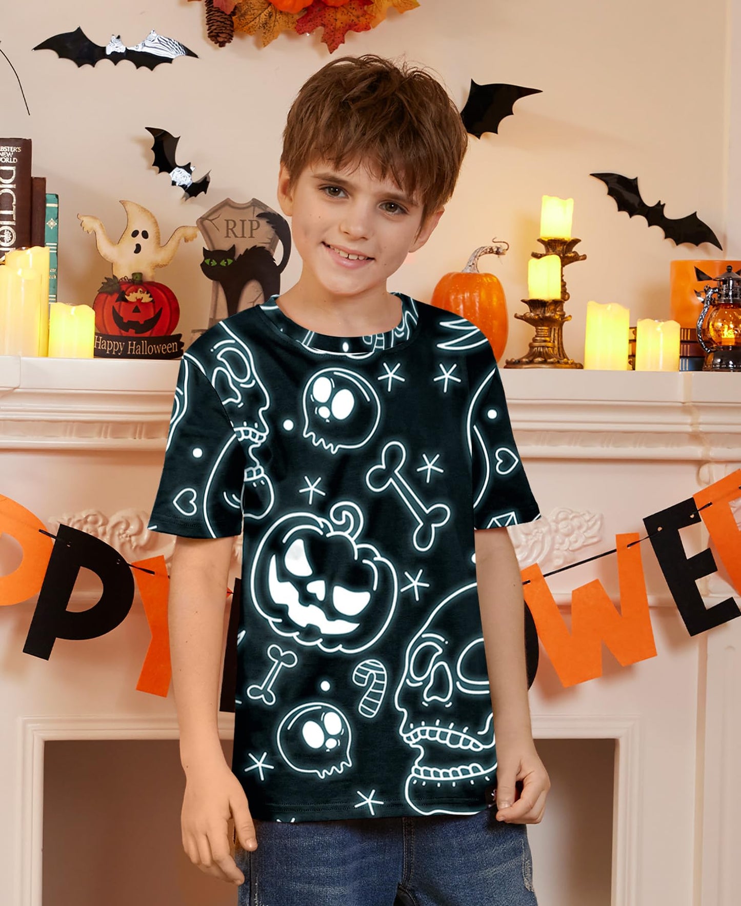 Halloween Unisex Kids Jack O' Lantern Skull Pumpkin Black Top Short Sleeve Party Shirt 10 Years