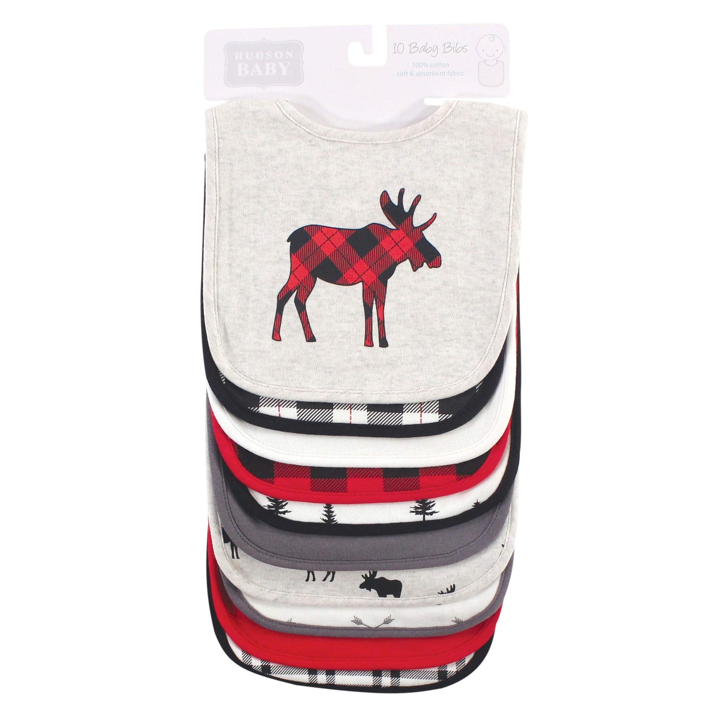 Hudson Baby Unisex Baby Cotton Bibs, Buffalo Plaid Moose, One Size