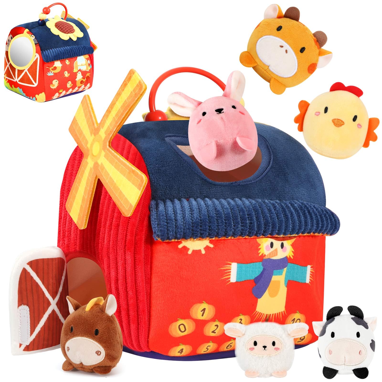 FREYBLI Baby Toys 6-12 Months - Soft Barn Toy with Stuffed Farm Animals, Rattle, Crinkle Paper, Squeaker, Mirror - Montessori Se