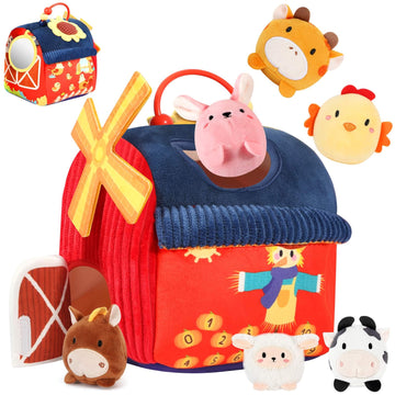 FREYBLI Baby Toys 6-12 Months - Soft Barn Toy with Stuffed Farm Animals, Rattle, Crinkle Paper, Squeaker, Mirror - Montessori Se
