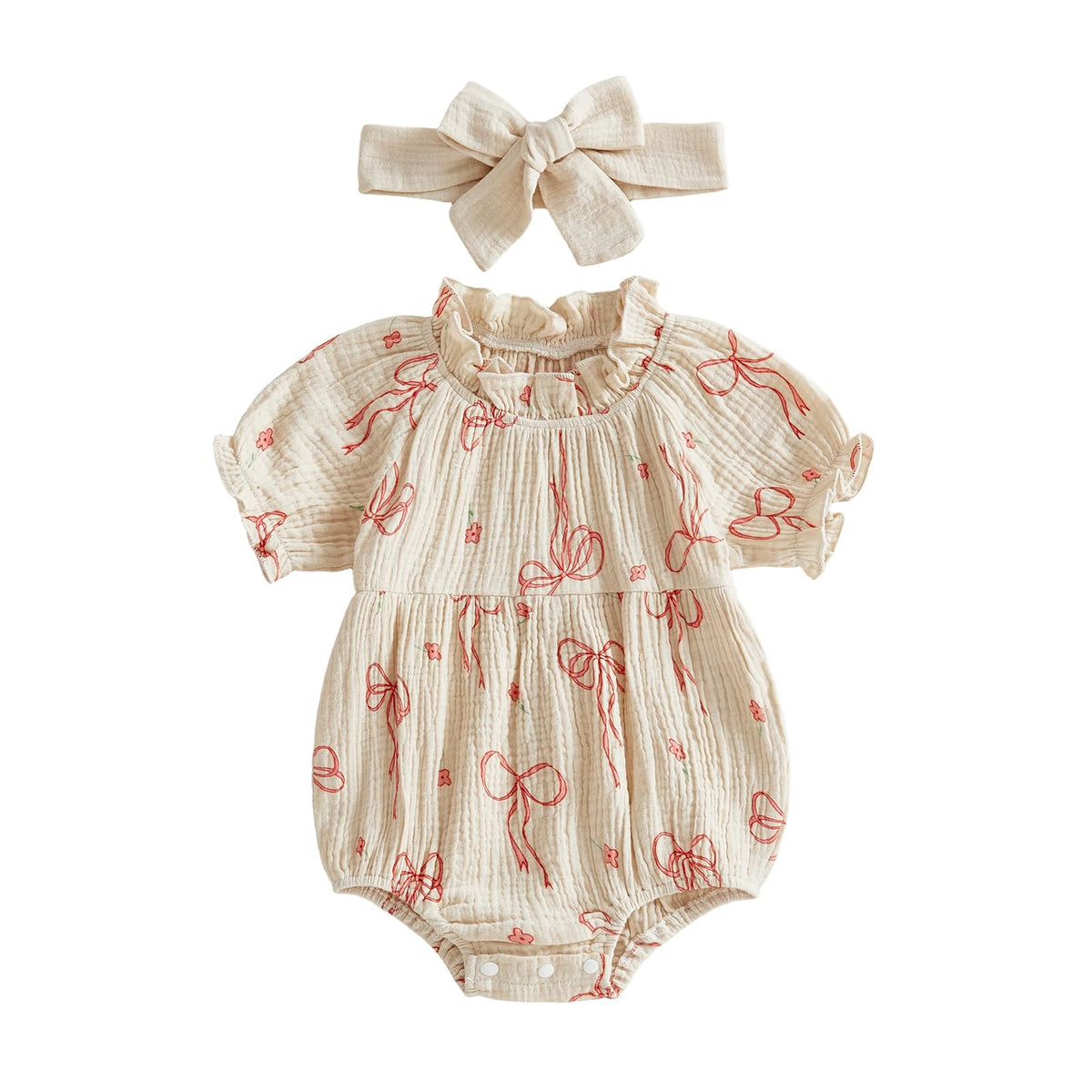 Twopumpkin Newborn Baby Girl Summer Outfit Toddler Short Sleeve Bubble Romper Frilly Onesie Vintage Bodysuit Cute Clothes (Bow F