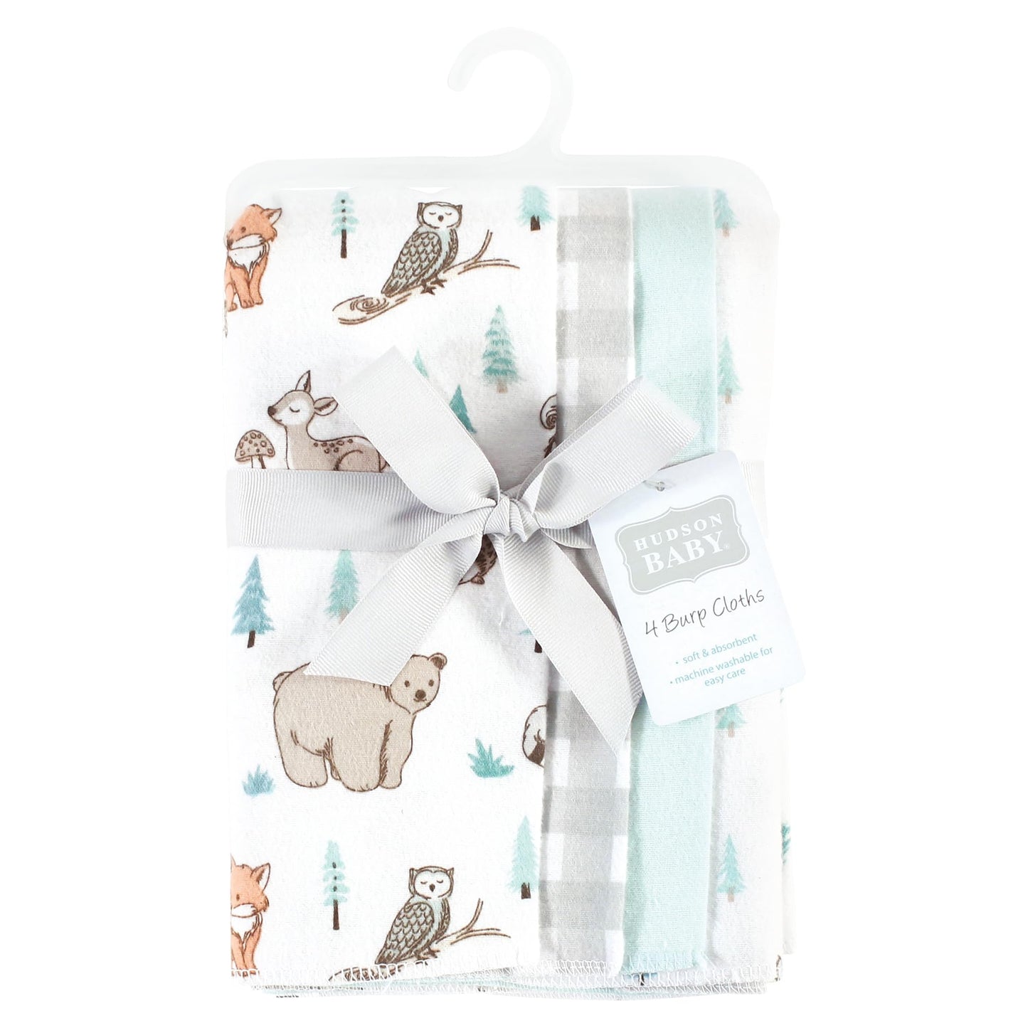 Hudson Baby Unisex Baby Cotton Flannel Burp Cloths, Neutral Woodland Pals 4-Pack, One Size