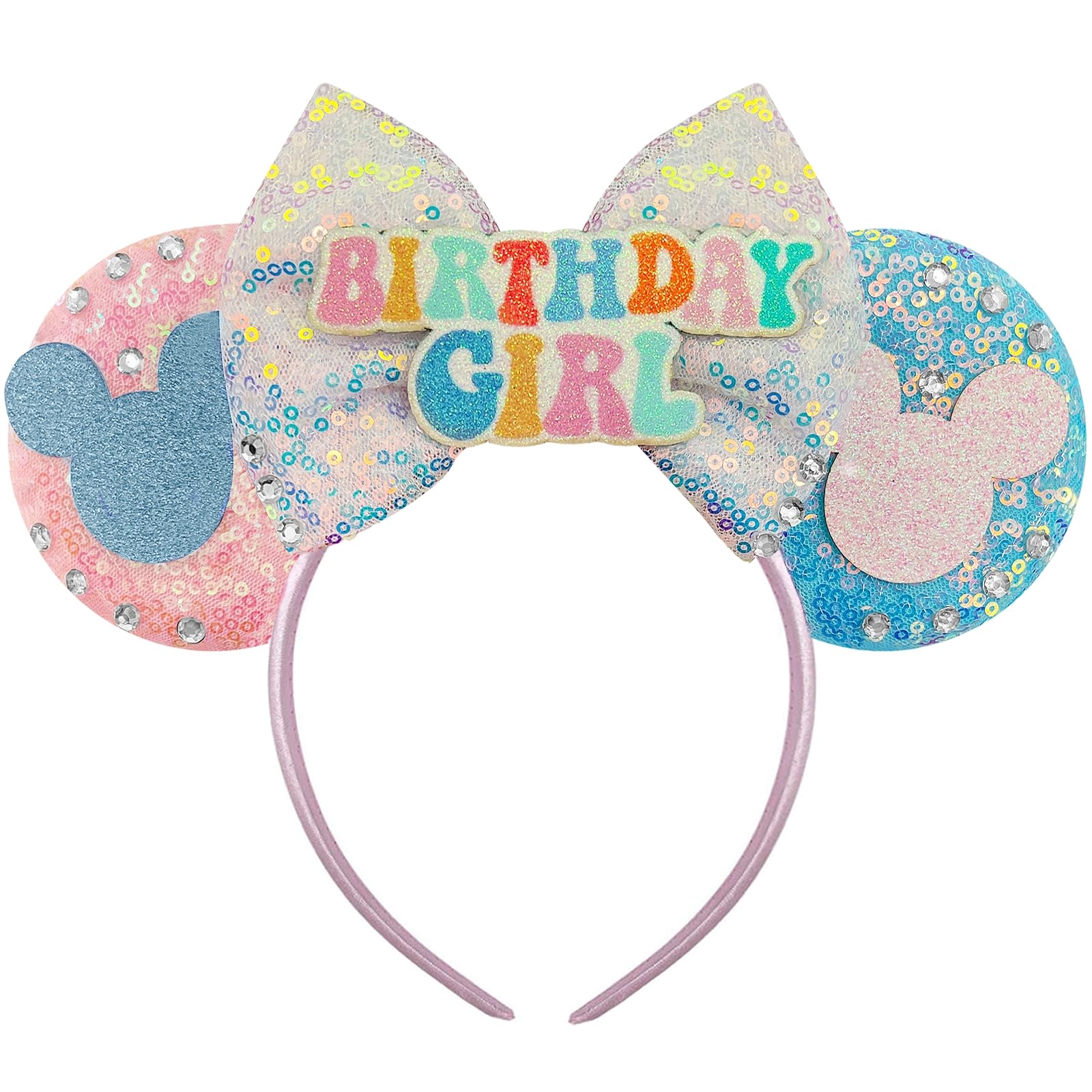 Trnerm Birthday Mouse Ears Headband, Blue and Pink Sequin Bows, Halloween & Christmas Party Decorations, Costume Headwear