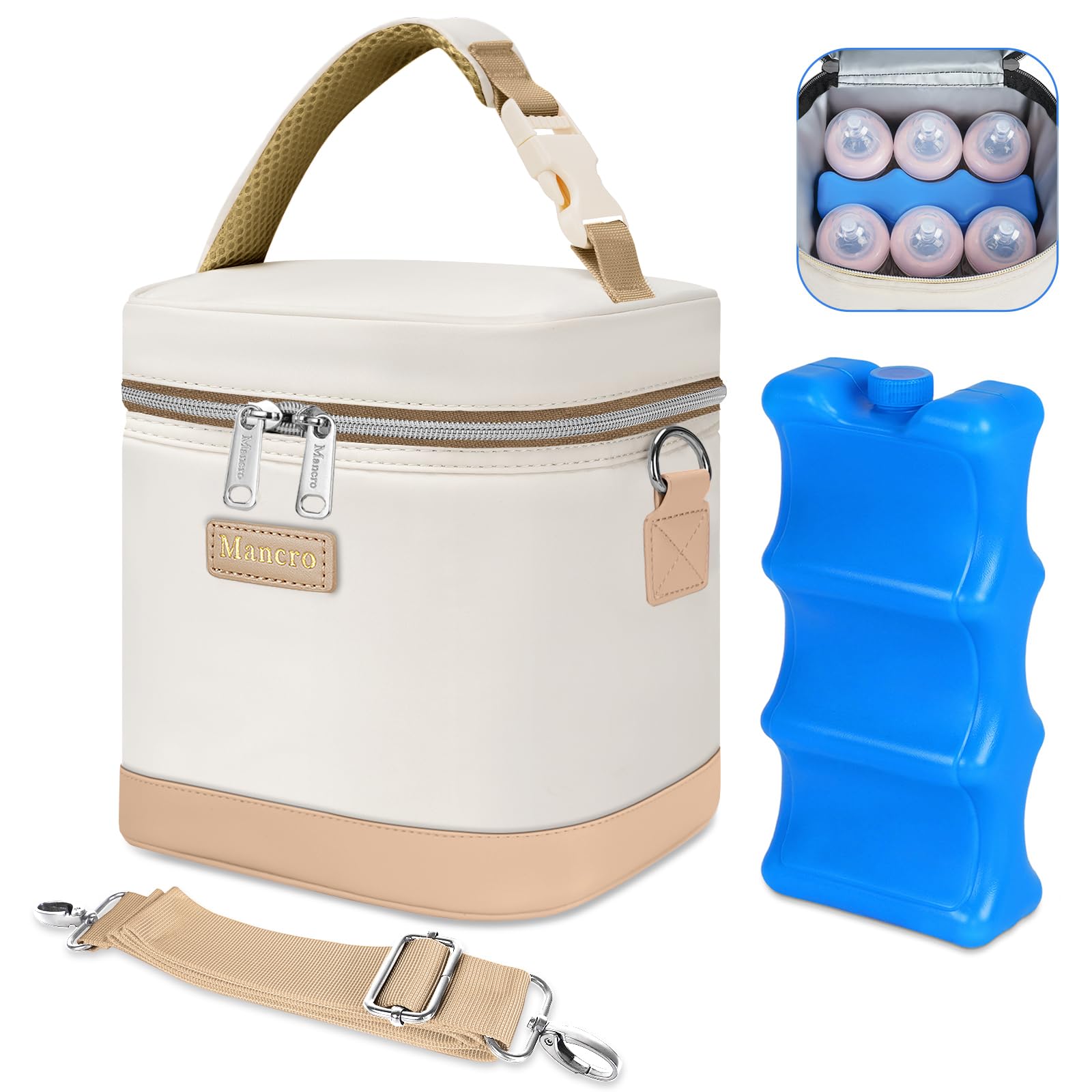 Mancro Insulated Baby Bottle Cooler Bag with Ice Pack, Breastmilk Storage Tote Fits 6 x 9oz Bottles, Waterproof Bottle Bag Compa