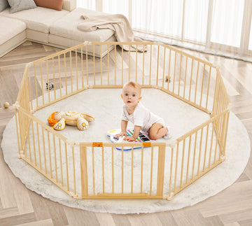 HOMMOW Large Wooden Playpen, 74?74Baby Playpen for Babies and Toddlers, Adjustable Baby Play Fence Foldable Baby Gate Playpen wi