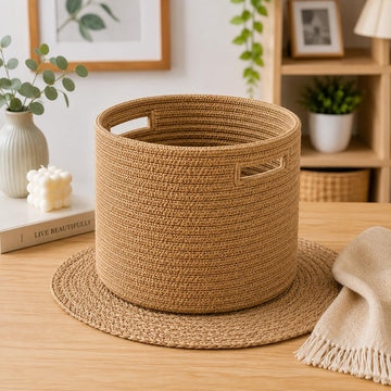 Adhigams Small Jute Storage Basket with Handles | Woven Organizer Basket for Bathroom, Vanity, Cosmetics, Desk Accessories, Shel