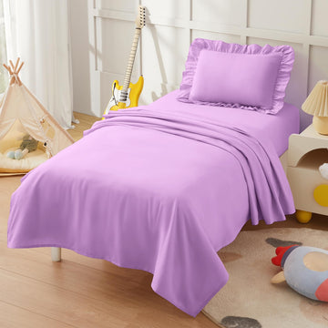 KKJIAF 3 Piece Toddler Sheet Set Microfiber, Includes a Flat Sheet, a Fitted Sheet and a Ruffle Pillowcase, Light Purple