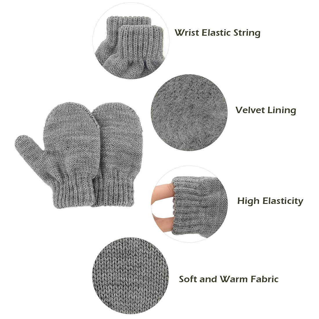 Durio Toddler Mittens Boys Knit Warm Winter Mittens For Toddler Boy Soft Toddler Gloves Black & White & Gray 1-3T