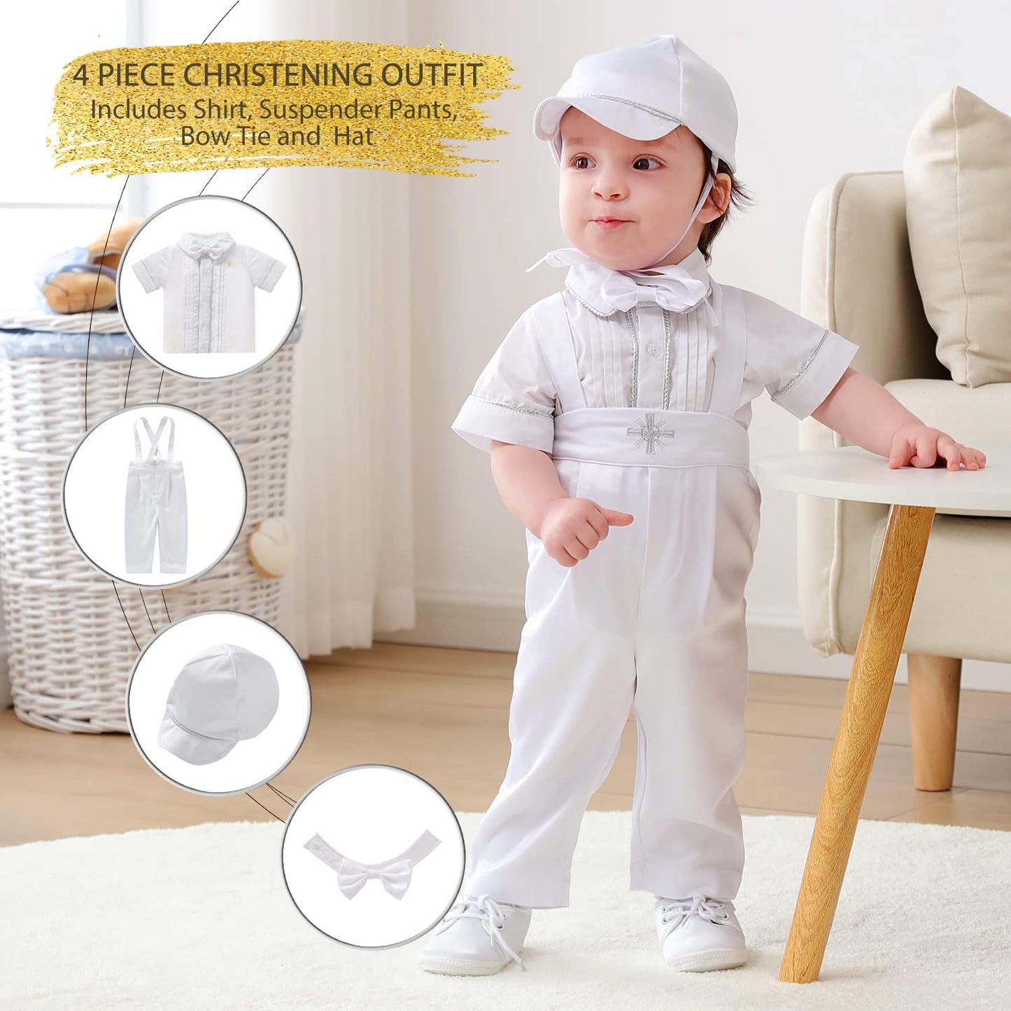 Booulfi Baptism Outfits For Boys Short Sleeve Baby Boys Clothes Summer Gentleman Suits With Dress Shirt Bowtie Suspender Pants H