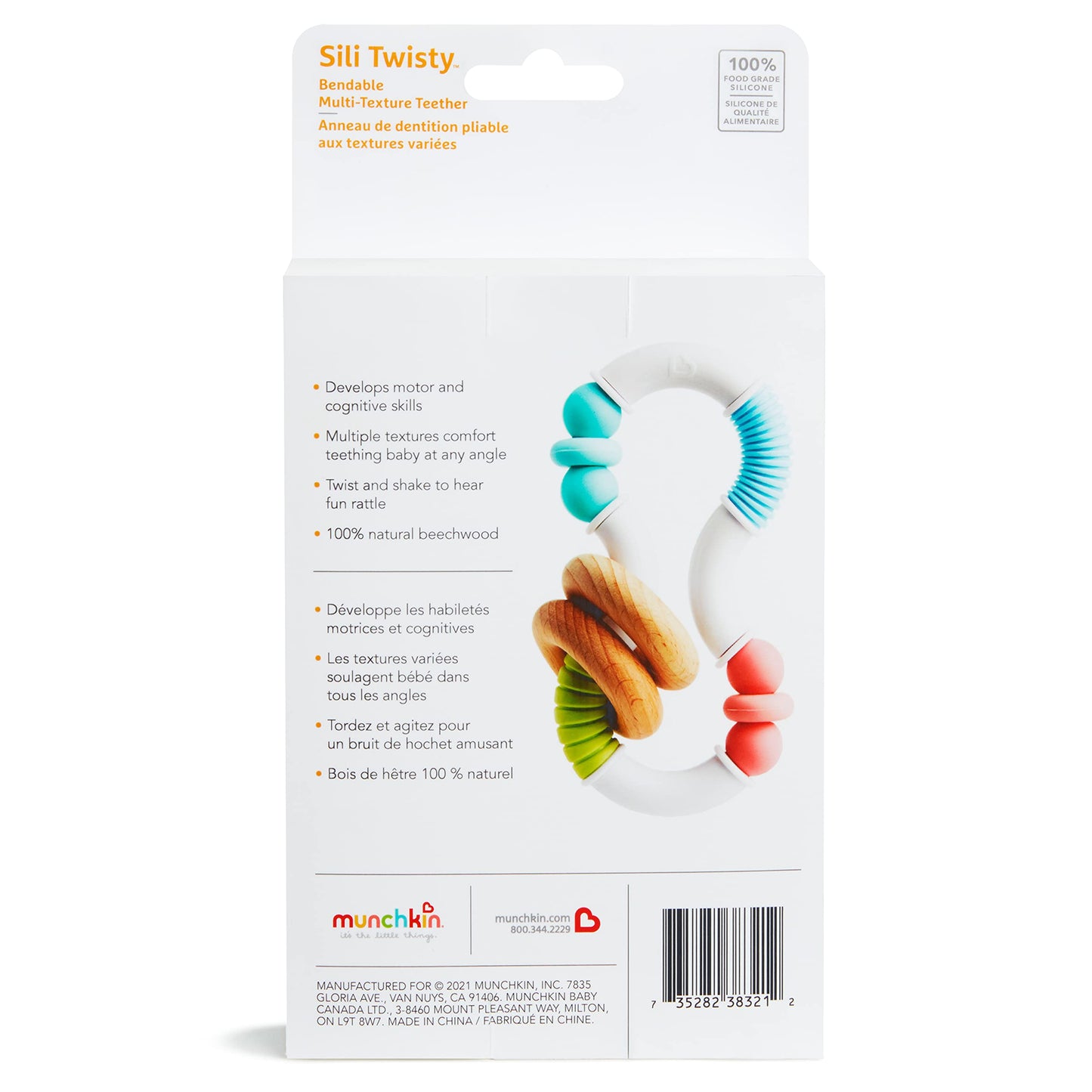 Munchkin Sili Twisty Bendable Baby Teether Toy, Silicone and Wood, BPA Free, 3+ Months