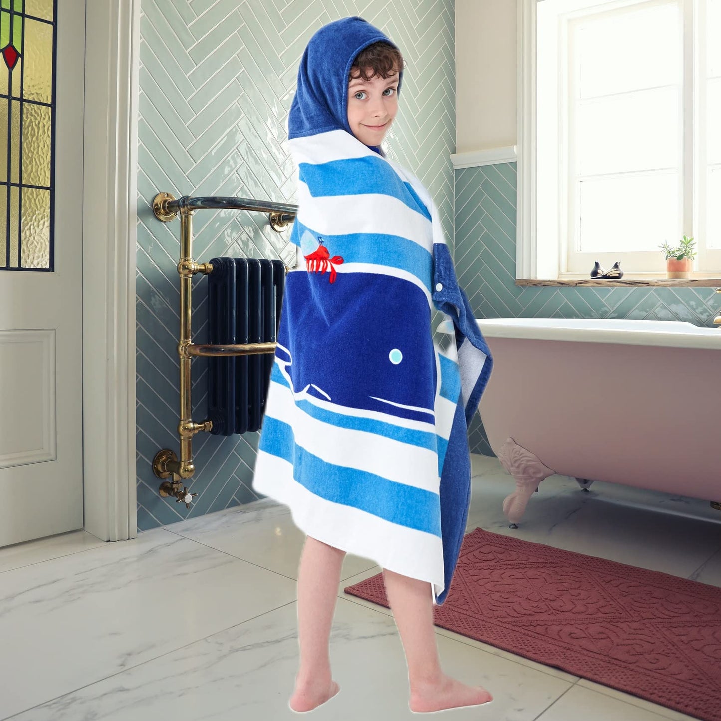 Bavilk Kids Hooded Bath Beach Towel Girls Boys Swim Pool Cover Up Super Absorbent Cute Cartoon Animal Full Vitality (Blue Narwha