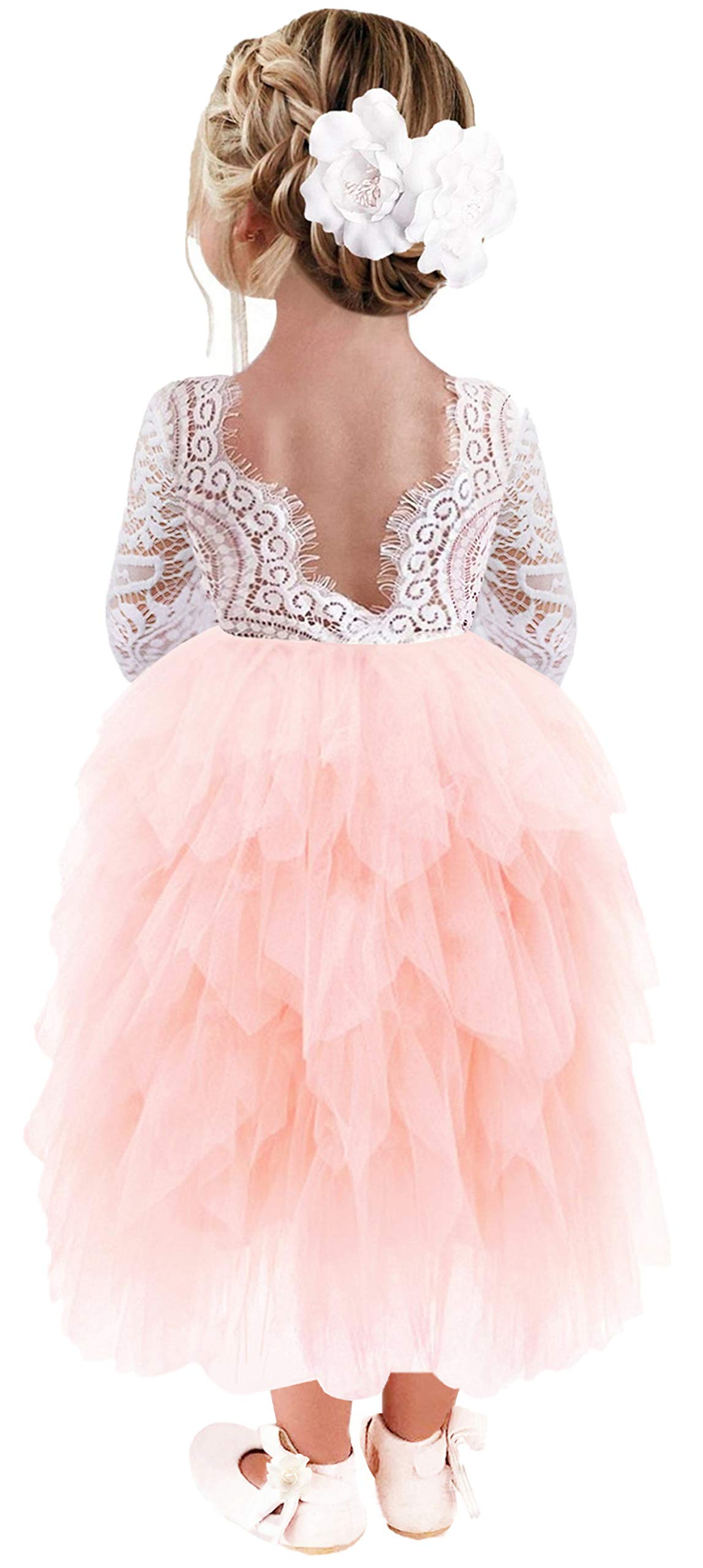 2Bunnies Girl Peony Lace Back A-Line Tiered Tutu Tulle Flower Girl Dress (Pink L
