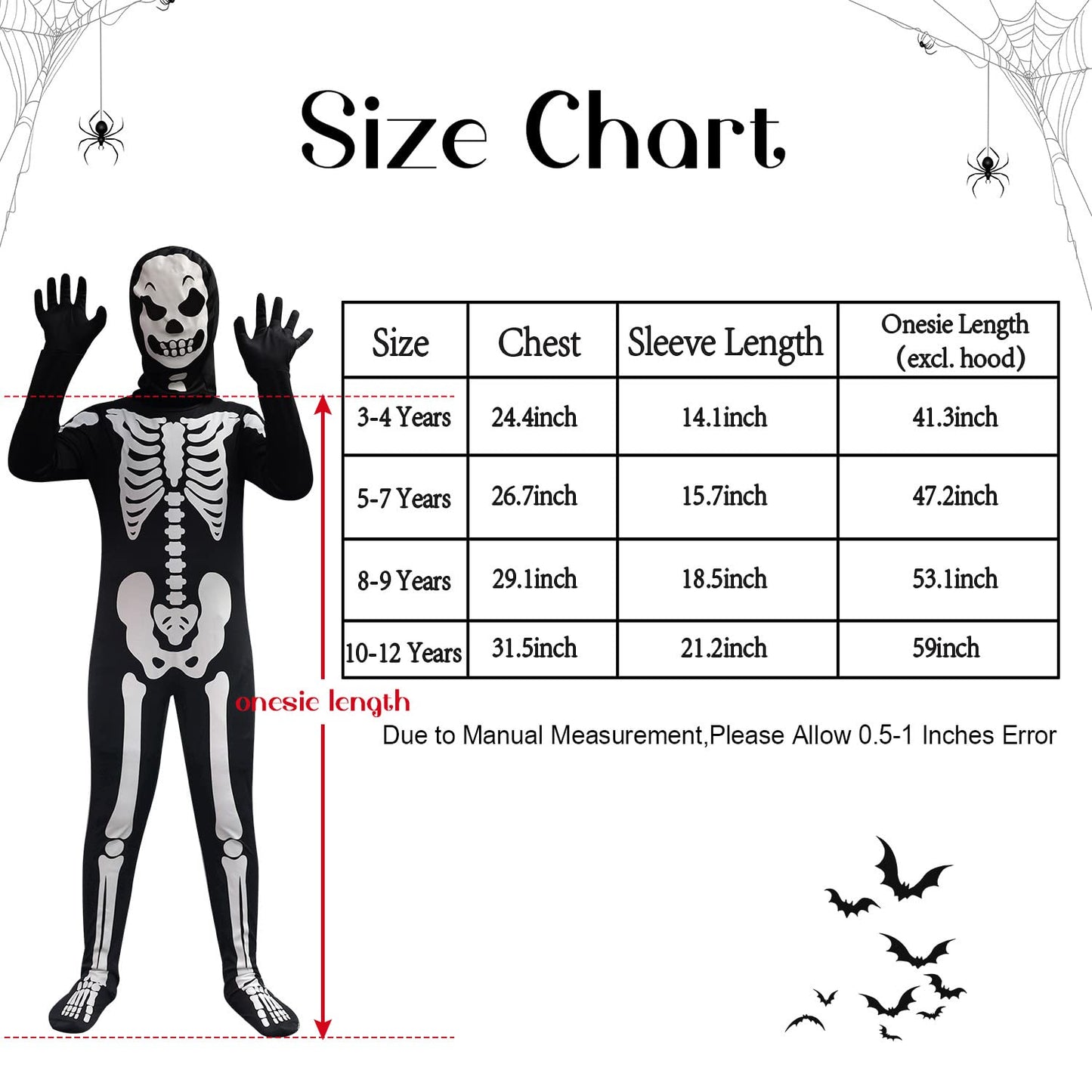 Faybox Skeleton Costume Glow In The Dark For Kids Toddler, Halloween Fortnite Onesie For Boy Girls With Pumpkin Candy Bag(8-9)