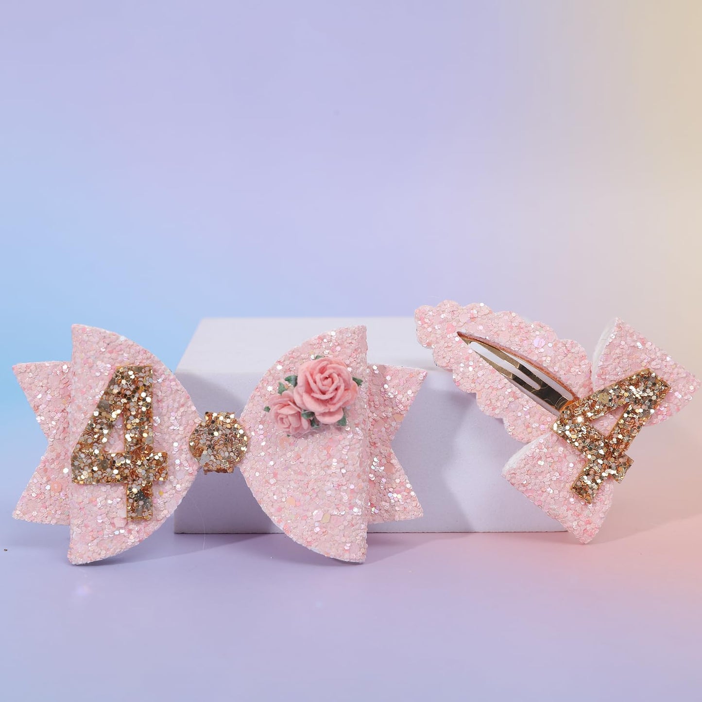 Jissoo Pink Bow Hair Clip - 4Th Birthday Party Decorations For Girls, Sparkling Hair Accessories, 2 Pieces, Size 5*9.5Cm/3.5Cm*6