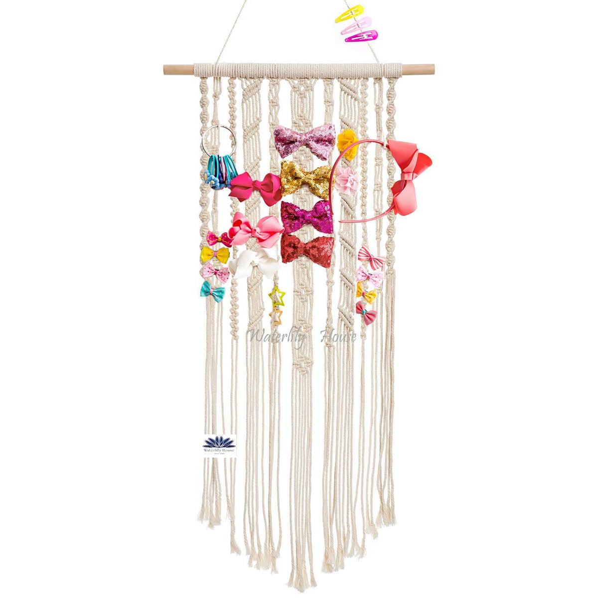 Waterlily House  Macrame Hair Bow Holder Hair Clips Hanger Headband Storage Organizer for Baby Girls Room Nursery Wall Decor.(S