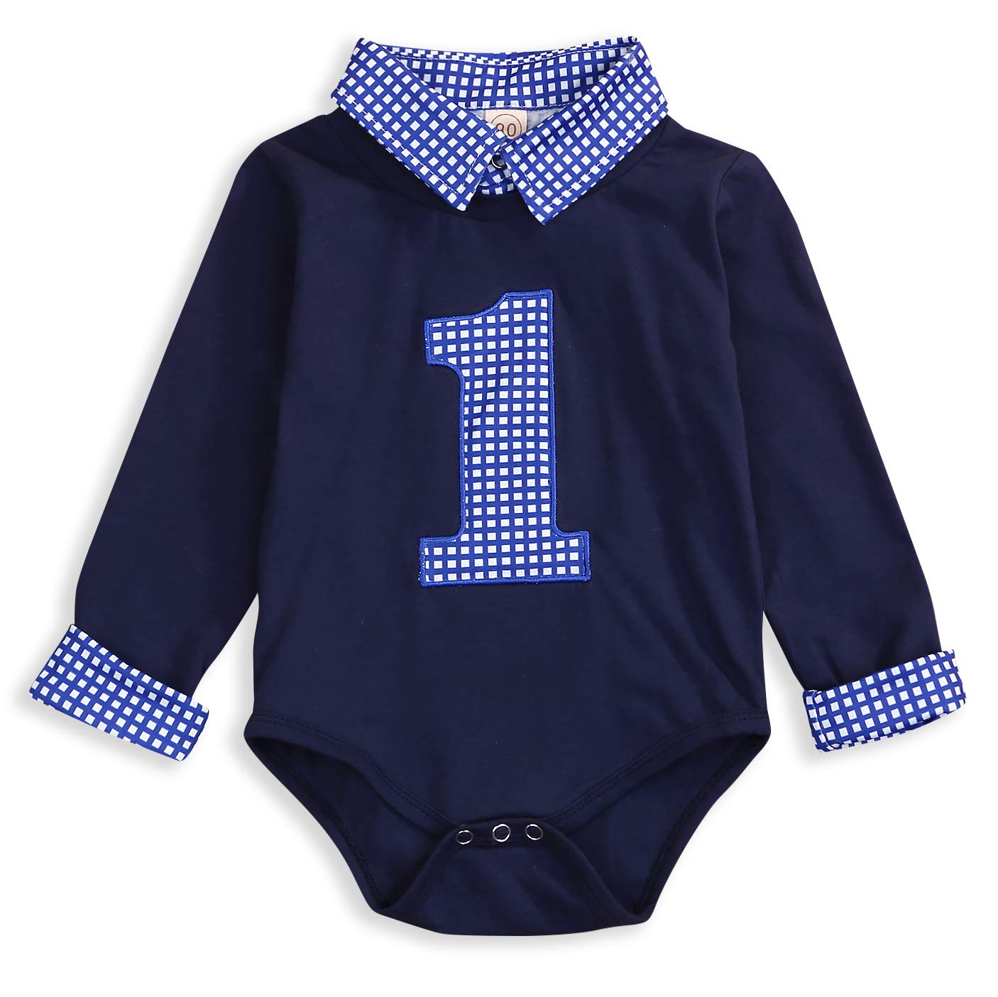 Baby Boy First Birthday Clothes Plaid Stand Collar Long Sleeve Romper Jumpsuit Cake Smash Outfit (Navy Blue, 15 Months)