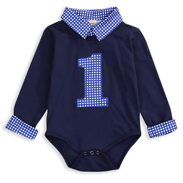 Baby Boy First Birthday Clothes Plaid Stand Collar Long Sleeve Romper Jumpsuit Cake Smash Outfit (Navy Blue, 15 Months)
