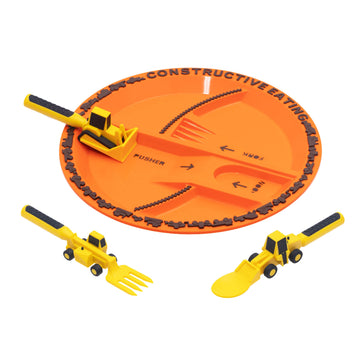 Constructive Eating Plate And Utensils Set Construction - Made In Usa - Toddler Dinnerware, Kids Dinnerware And Utensils Set For