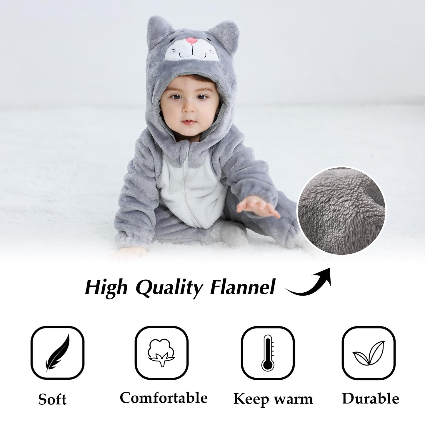 Tonwhar Unisex Baby Animal Halloween Costume Kid'S And Toddler'S Autumn Winter Outfits Jumpsuit(1-3 Months,Gray Cat)