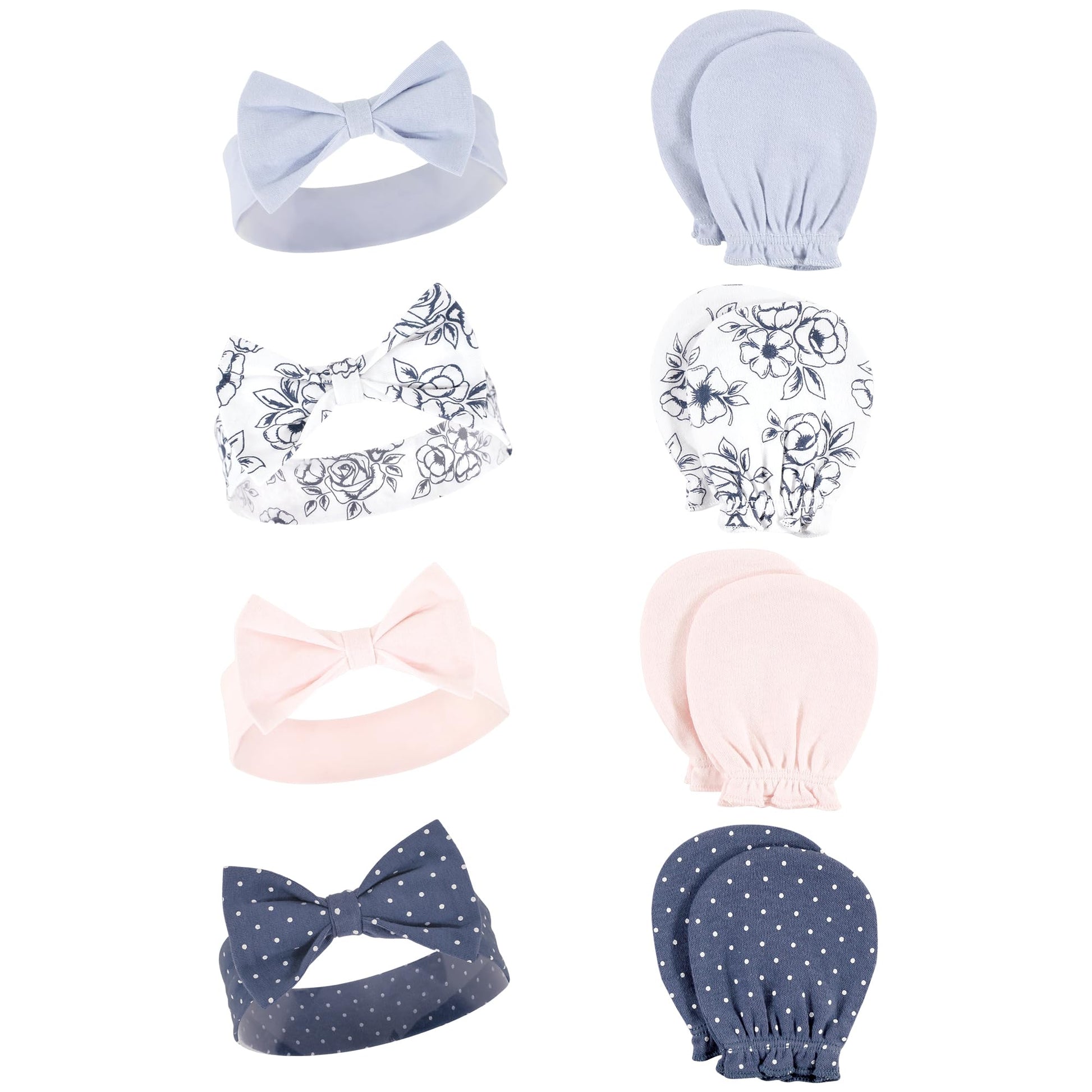Hudson Baby Infant Girl Cotton Headband And Scratch Mitten Set, Blue Toile, 0-6 Months
