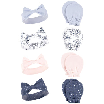 Hudson Baby Infant Girl Cotton Headband And Scratch Mitten Set, Blue Toile, 0-6 Months