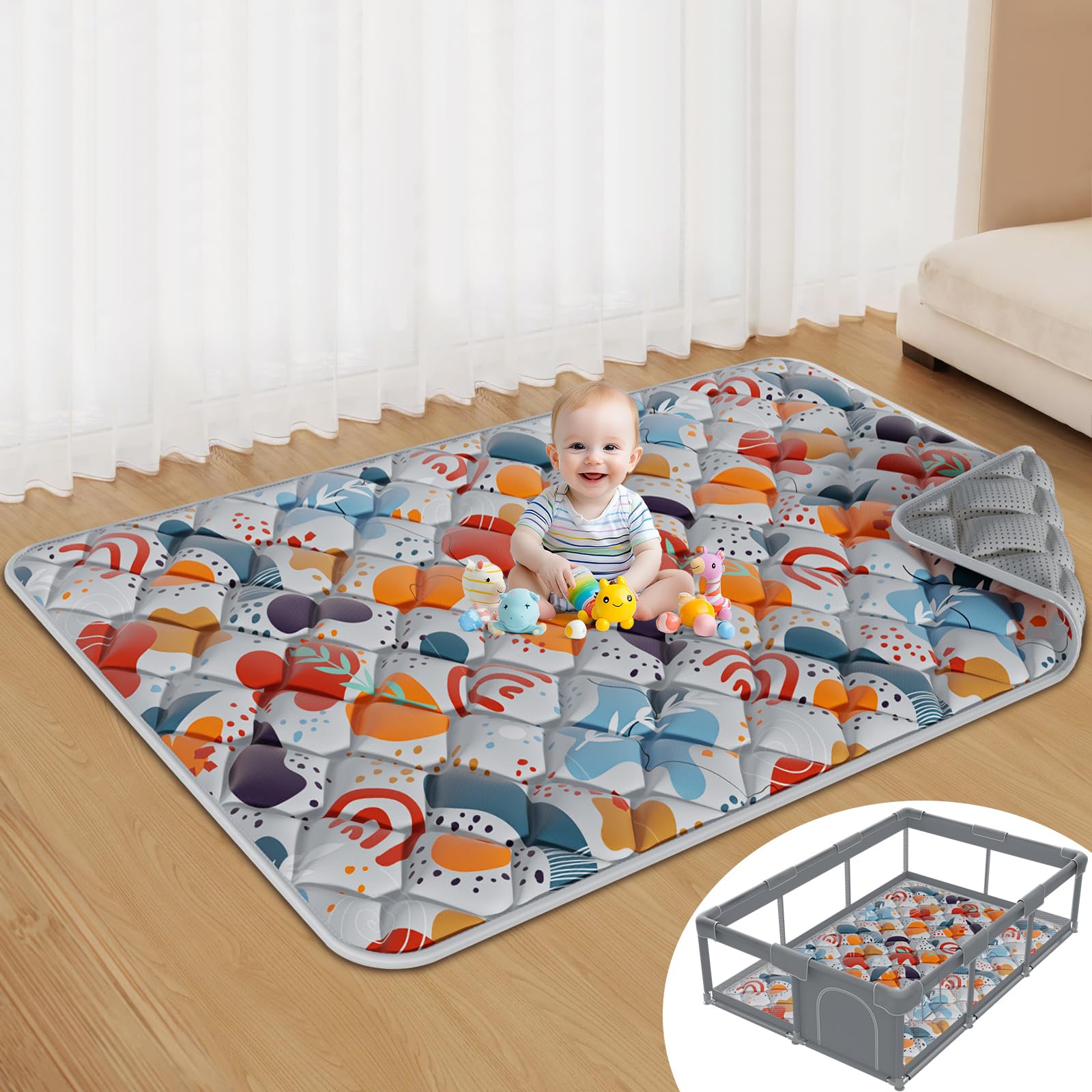 Jaobeem Baby Play Mats for Floor, Foldable 74x50 Playpen Mat Grey, Thicken Cushioning Padding Playmate for Baby and Toddlers Inf