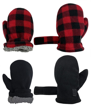 N'Ice Caps Baby Toddler Mittens Kids 2 Pairs Fleece Gloves Winter Warm Sherpa Lined (Black/Red Buffalo Plaid, 4-6 Years)
