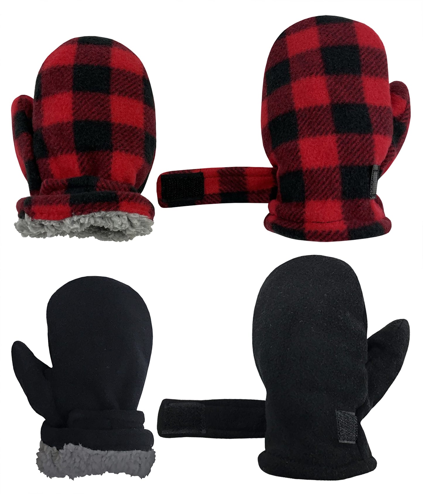 N'Ice Caps Little Kids And Baby Easy-On Sherpa Lined Fleece Mittens - 2 Pair Pack (Black/Red Buffalo Plaid, 2-3 Years)