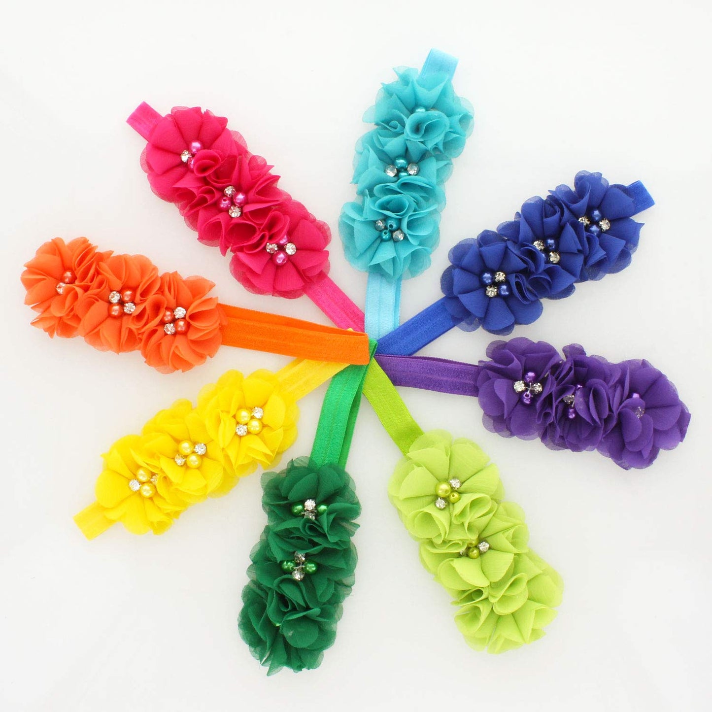 My Lello Baby Flower Headbands Fabric Beaded Trio Stretchy Elastic Variety Pack Bright Primary Colors 8 Pcs