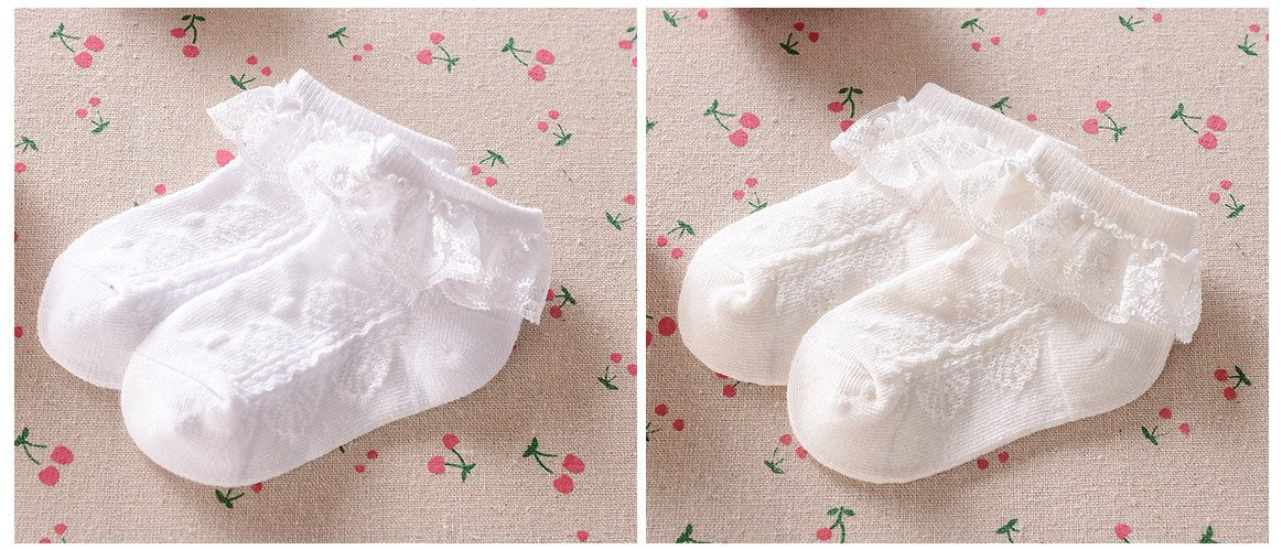 Epeius Baby-Girls Eyelet Frilly Lace Socks Cotton Rich Infant Girl Princess Ankle Socks White/Ivory(Pack Of 2) 6-12 Months