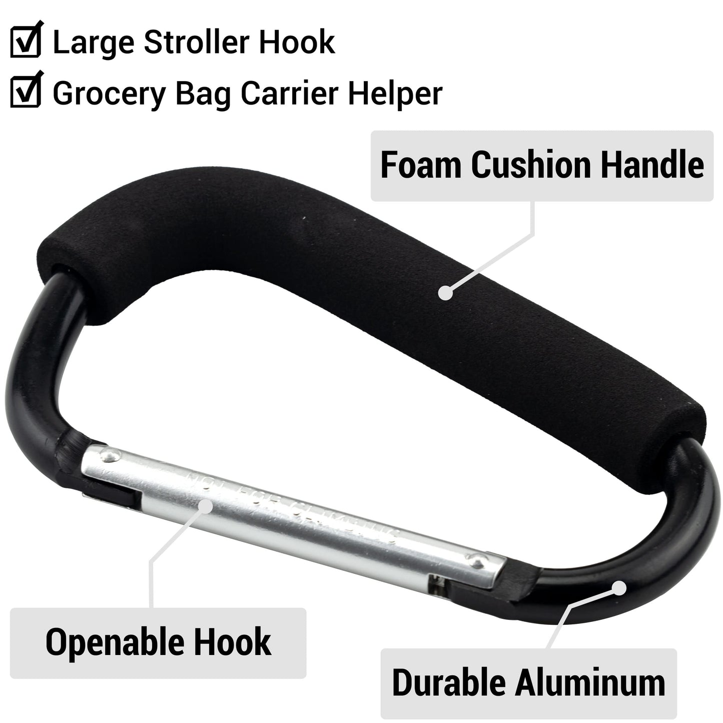 2 Pack Large Stroller Hooks Grocery Bag Carrier Helper Holder Handles Carabiner Stroller Organizer Multipurpose Snap Hook Clips